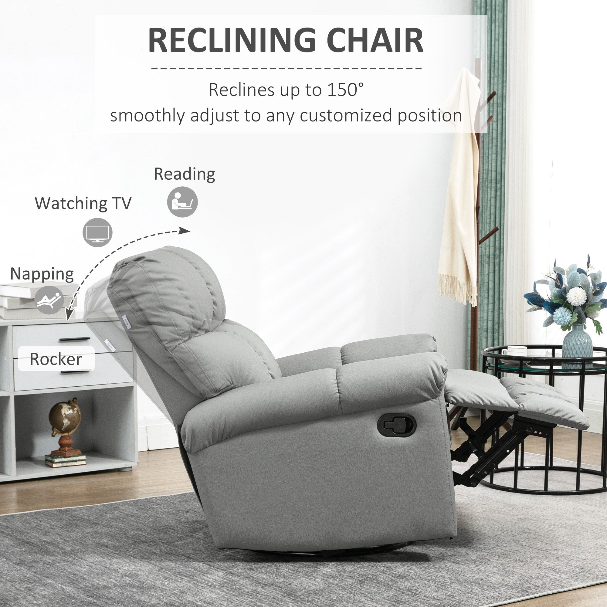 Fauteuil inclinable à bascule avec dossier et siège rembourrés, fauteuil inclinable manuel en cuir avec repose-pieds et base pivotante à 360°