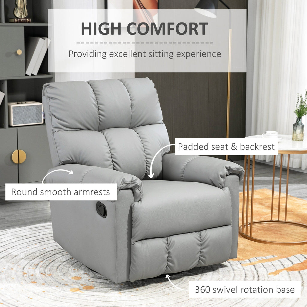 Fauteuil inclinable à bascule avec dossier et siège rembourrés, fauteuil inclinable manuel en cuir avec repose-pieds et base pivotante à 360°