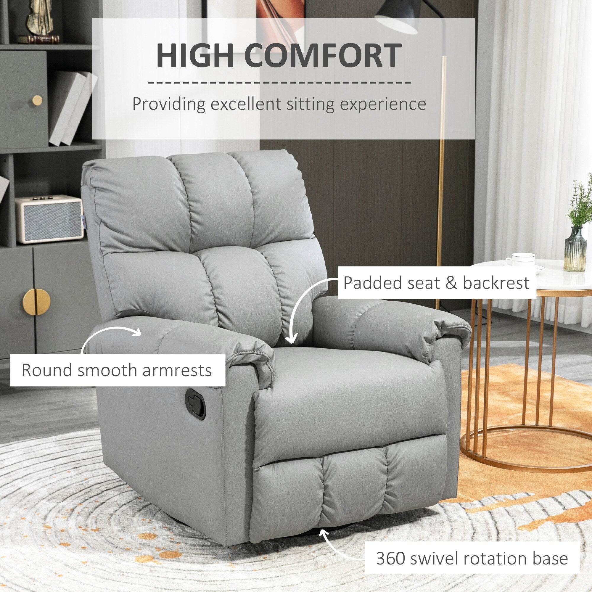 Fauteuil inclinable à bascule avec dossier et siège rembourrés, fauteuil inclinable manuel en cuir avec repose-pieds et base pivotante à 360°