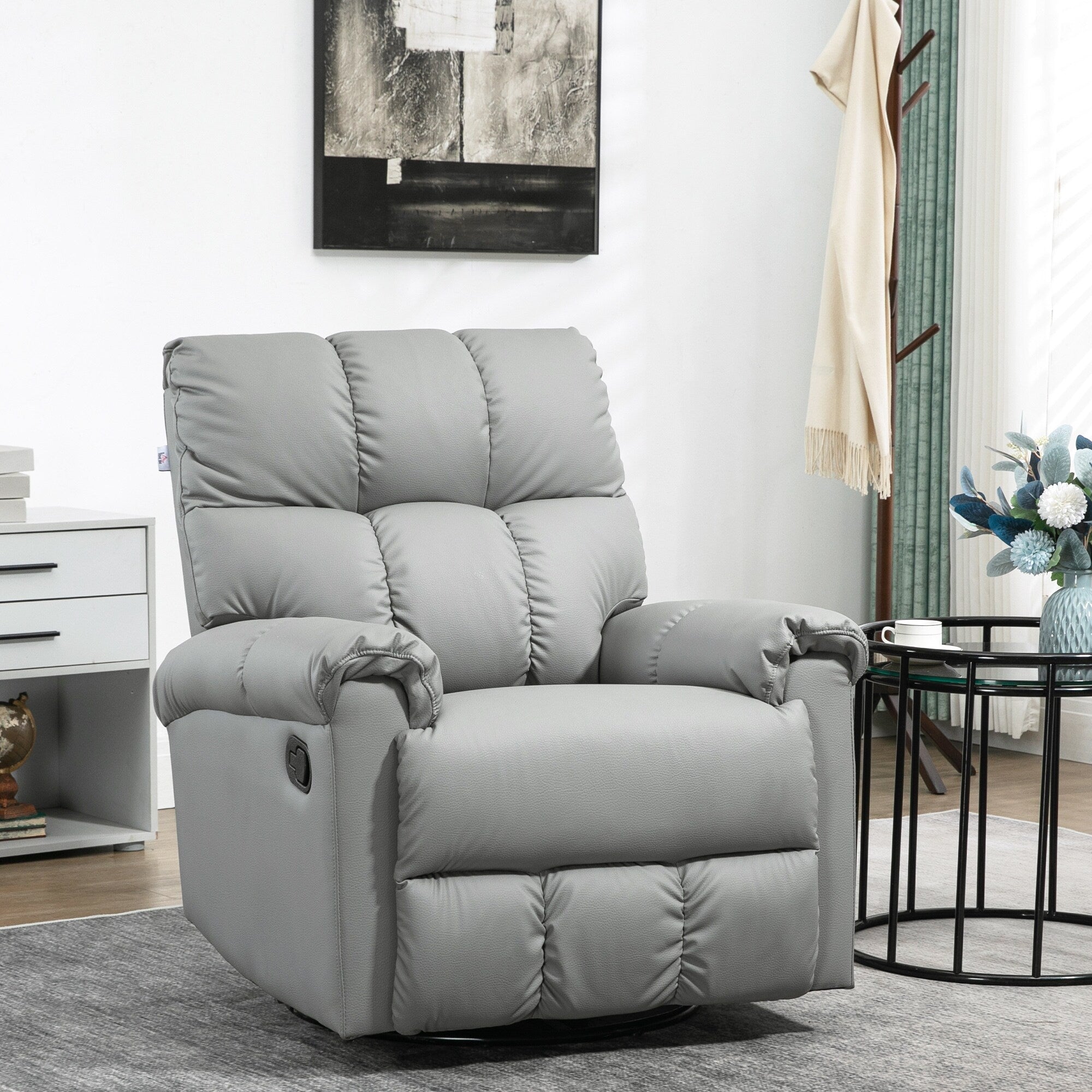 Fauteuil inclinable à bascule avec dossier et siège rembourrés, fauteuil inclinable manuel en cuir avec repose-pieds et base pivotante à 360°