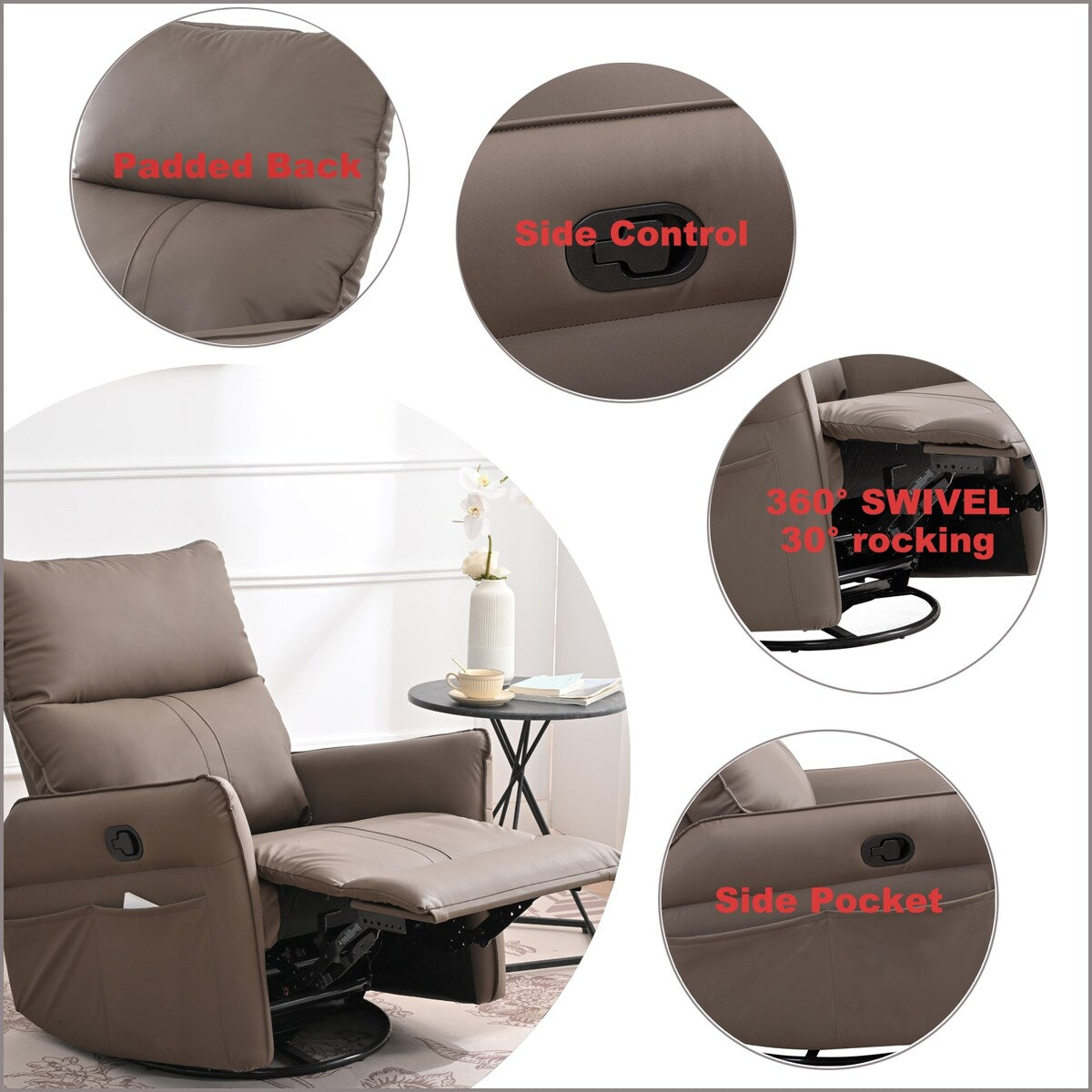Fauteuil à bascule inclinable, fauteuil à bascule pivotant à 360 degrés pour chambre d'enfant, fauteuil planeur, petit fauteuil à bascule inclinable pivotant et moderne