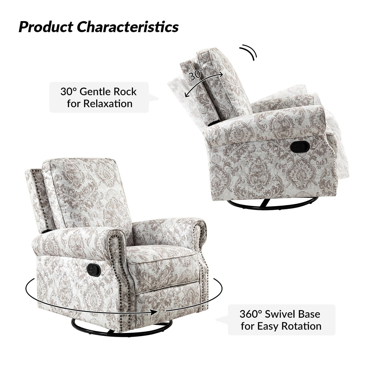 Fauteuil inclinable pivotant à bascule et à imprimé floral Roderich Farmhouse avec accoudoirs roulés par HULALA HOME