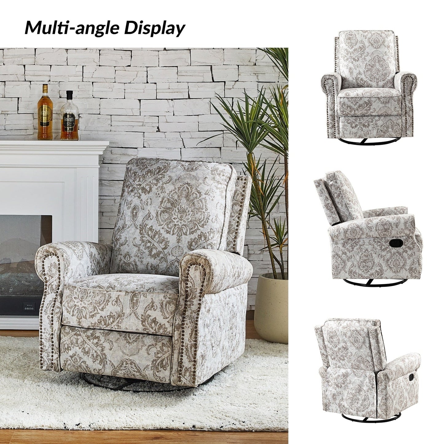 Fauteuil inclinable pivotant à bascule et à imprimé floral Roderich Farmhouse avec accoudoirs roulés par HULALA HOME
