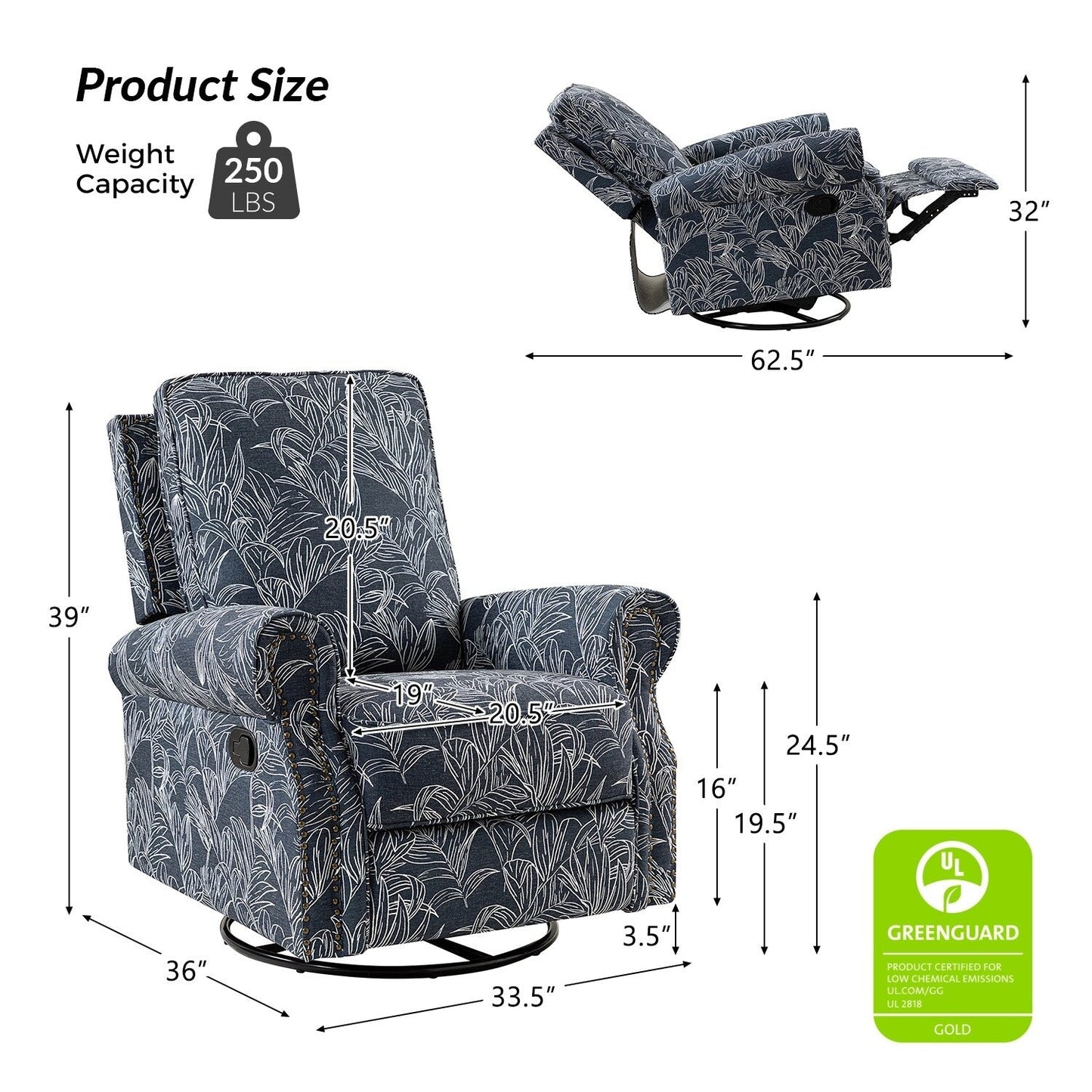 Fauteuil inclinable pivotant à bascule et à imprimé floral Roderich Farmhouse avec accoudoirs roulés, lot de 2 par HULALA HOME