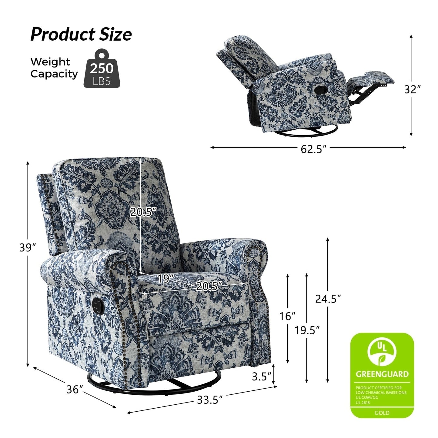 Fauteuil inclinable pivotant à bascule et à imprimé floral Roderich Farmhouse avec accoudoirs roulés par HULALA HOME