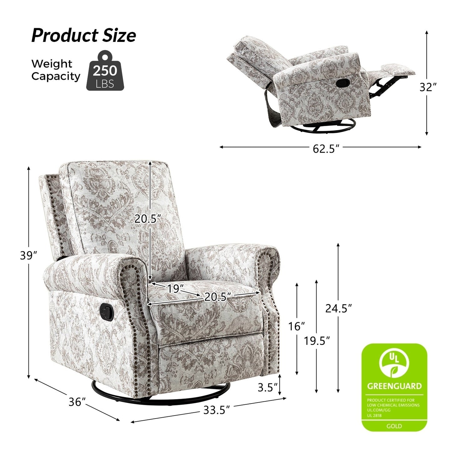 Fauteuil inclinable pivotant à bascule et à imprimé floral Roderich Farmhouse avec accoudoirs roulés par HULALA HOME