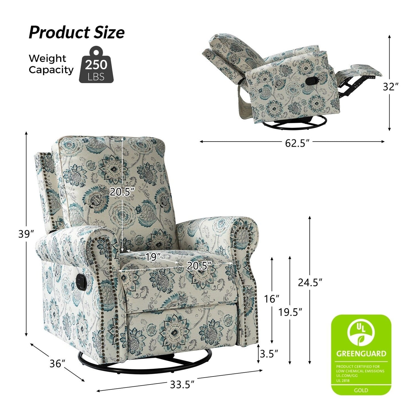 Fauteuil inclinable pivotant à bascule et à imprimé floral Roderich Farmhouse avec accoudoirs roulés par HULALA HOME