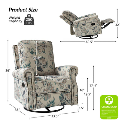 Fauteuil inclinable pivotant à bascule et à imprimé floral Roderich Farmhouse avec accoudoirs roulés par HULALA HOME