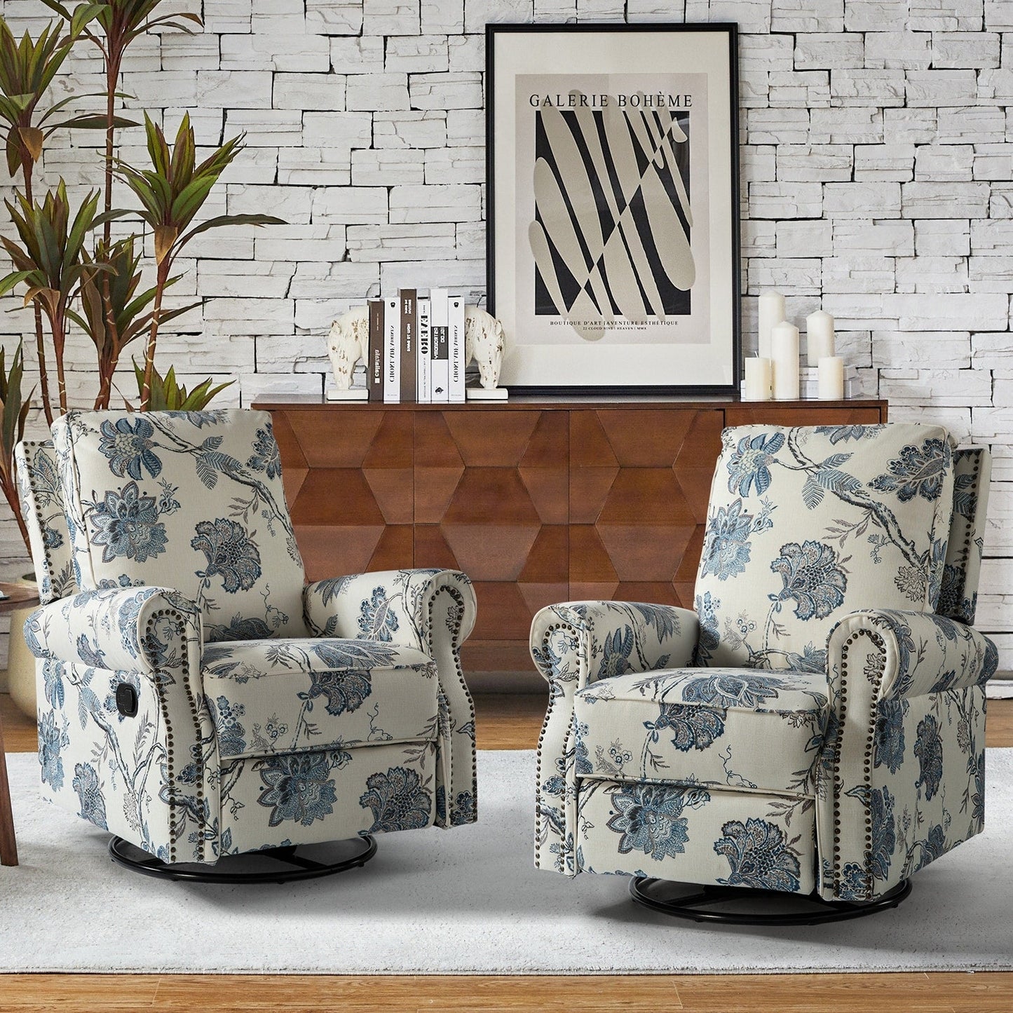 Fauteuil inclinable pivotant à bascule et à imprimé floral Roderich Farmhouse avec accoudoirs roulés, lot de 2 par HULALA HOME
