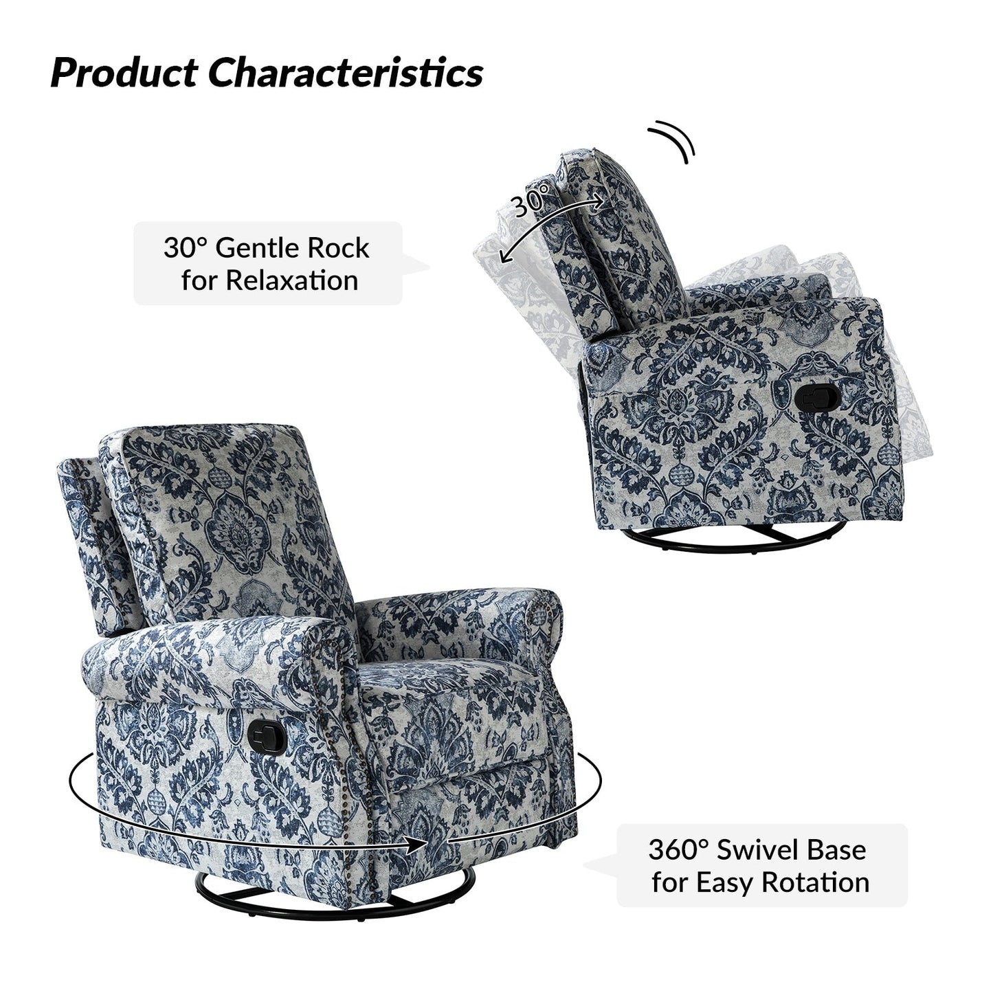 Fauteuil inclinable pivotant à bascule et à imprimé floral Roderich Farmhouse avec accoudoirs roulés, lot de 2 par HULALA HOME