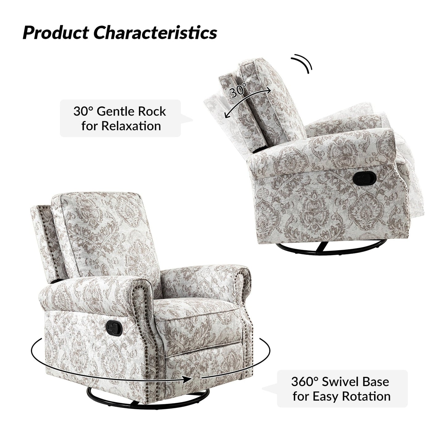Fauteuil inclinable pivotant à bascule et à imprimé floral Roderich Farmhouse avec accoudoirs roulés, lot de 2 par HULALA HOME