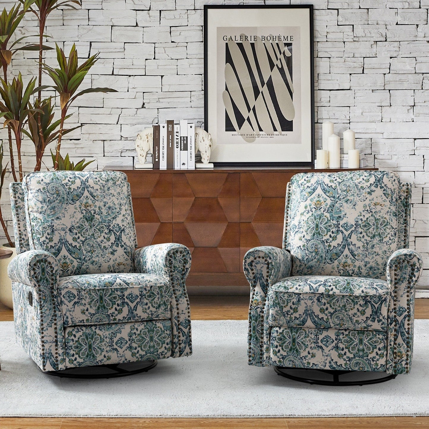 Fauteuil inclinable pivotant à bascule et à imprimé floral Roderich Farmhouse avec accoudoirs roulés, lot de 2 par HULALA HOME
