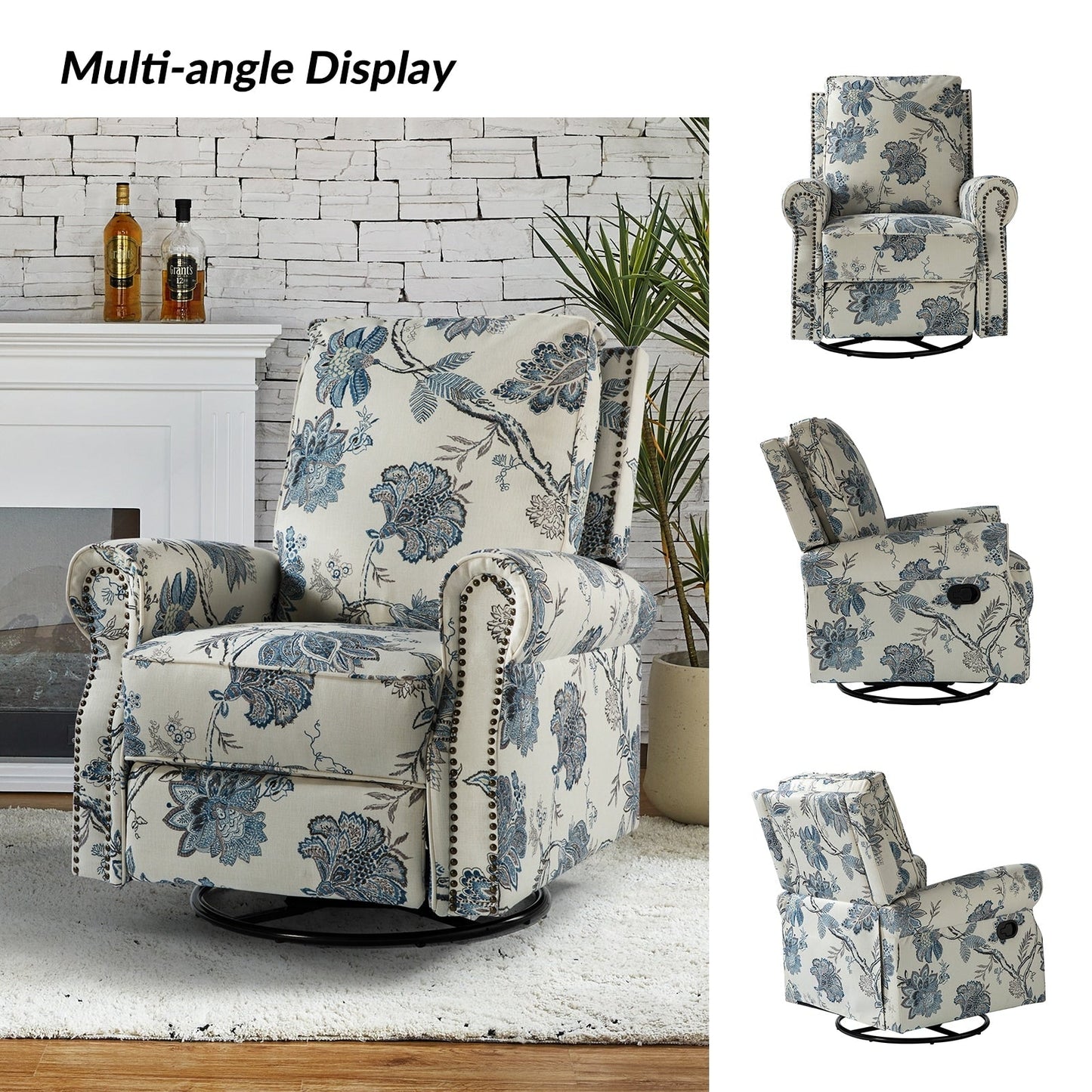 Fauteuil inclinable pivotant à bascule et à imprimé floral Roderich Farmhouse avec accoudoirs roulés, lot de 2 par HULALA HOME