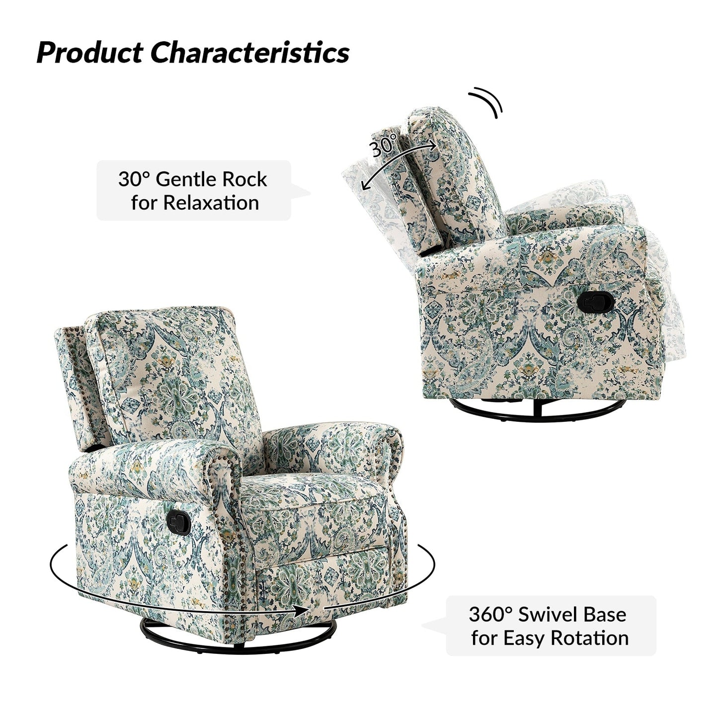 Fauteuil inclinable pivotant à bascule et à imprimé floral Roderich Farmhouse avec accoudoirs roulés, lot de 2 par HULALA HOME