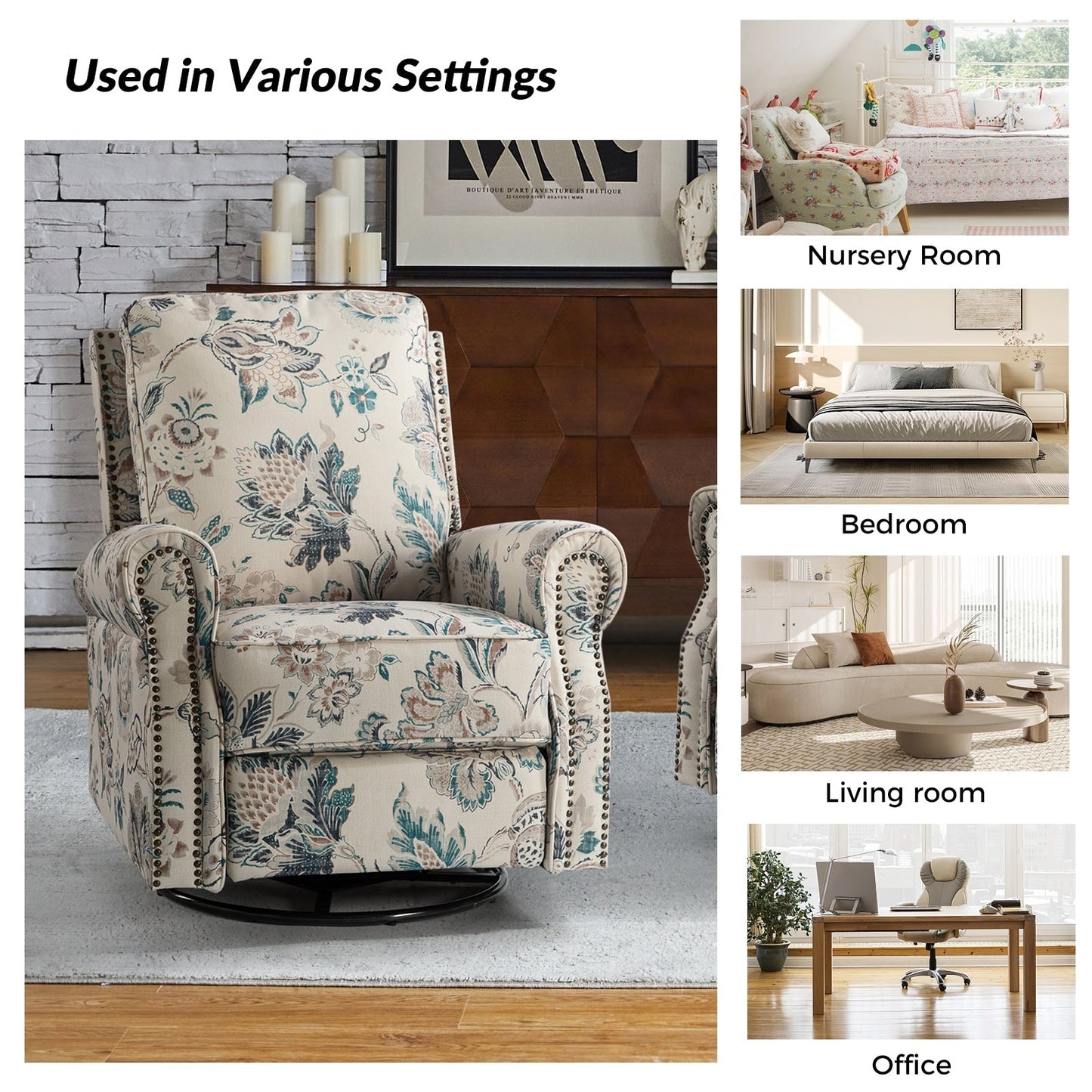 Fauteuil inclinable pivotant à bascule et à imprimé floral Roderich Farmhouse avec accoudoirs roulés, lot de 2 par HULALA HOME