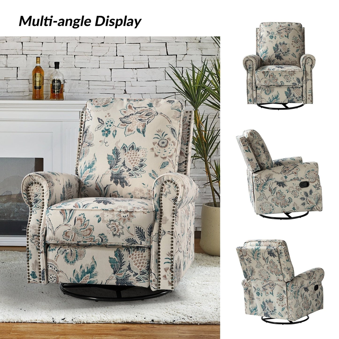 Fauteuil inclinable pivotant à bascule et à imprimé floral Roderich Farmhouse avec accoudoirs roulés, lot de 2 par HULALA HOME