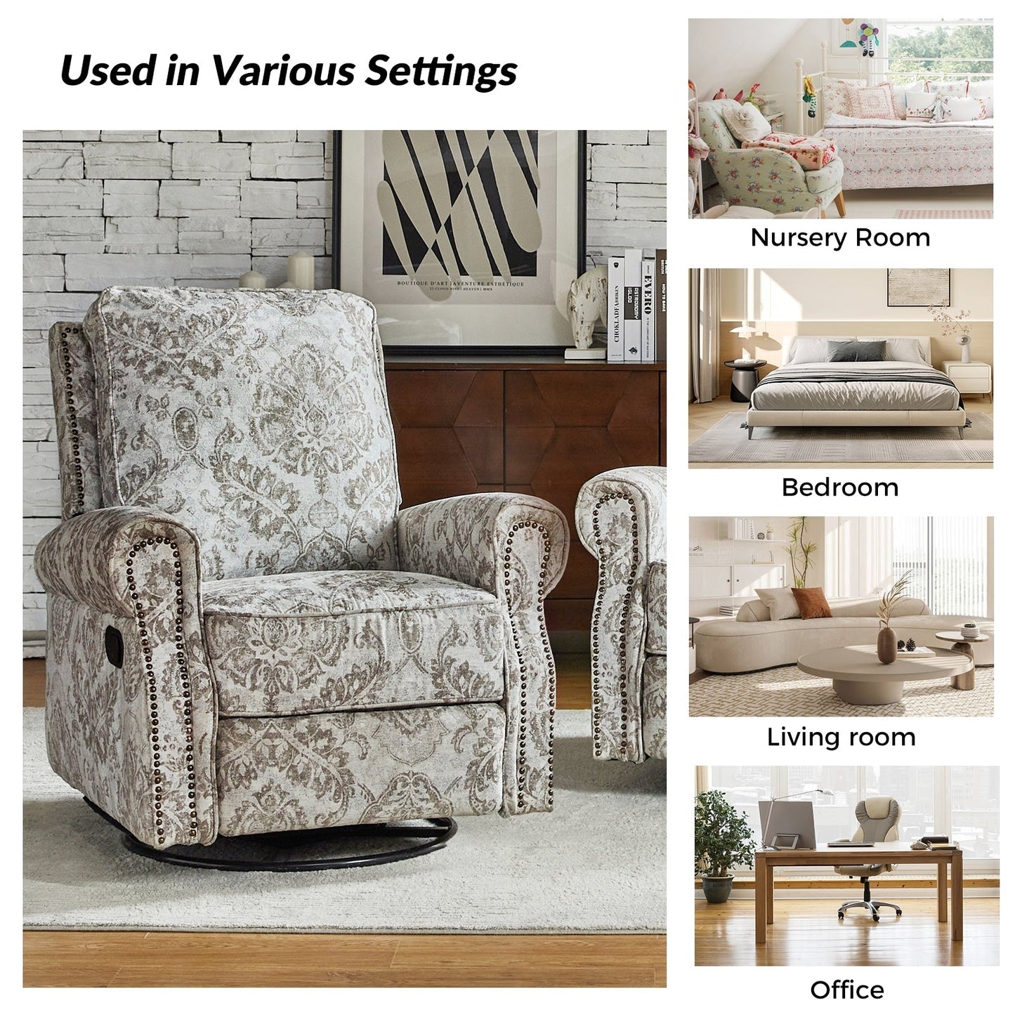 Fauteuil inclinable pivotant à bascule et à imprimé floral Roderich Farmhouse avec accoudoirs roulés par HULALA HOME