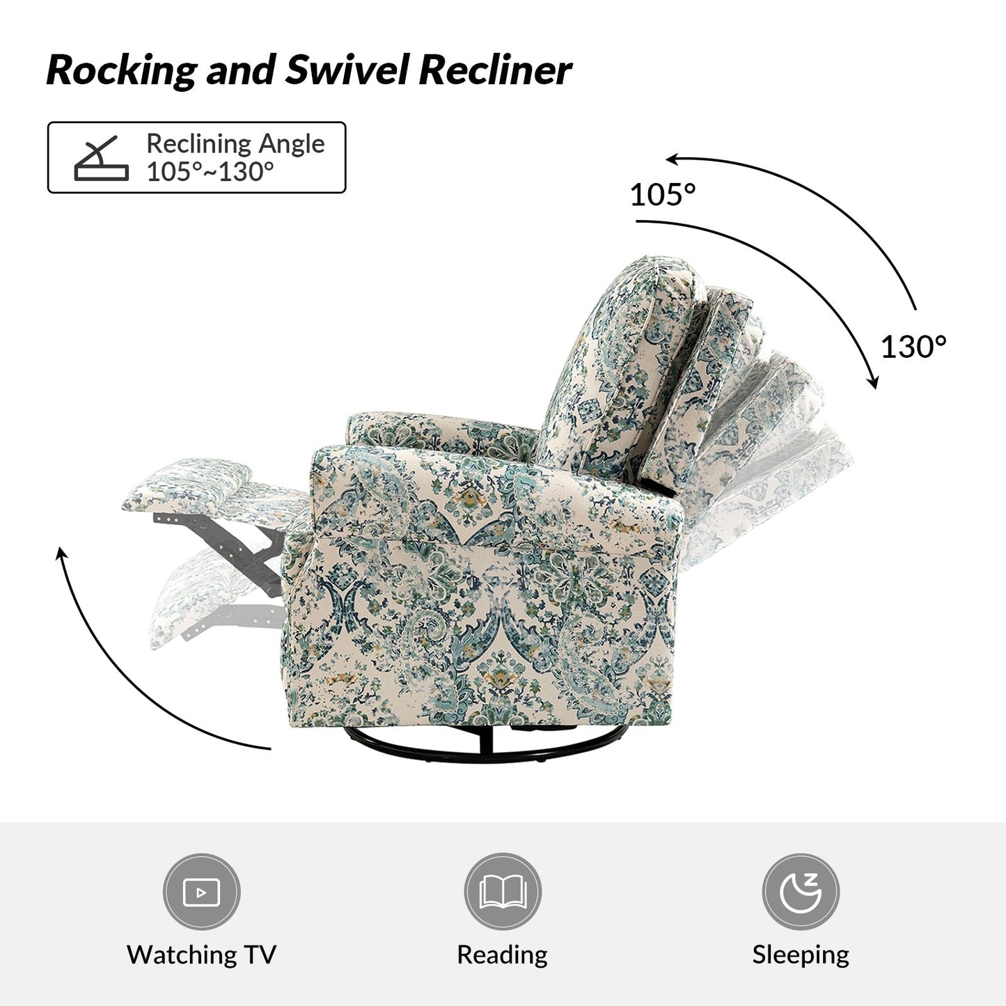 Fauteuil inclinable pivotant à bascule et à imprimé floral Roderich Farmhouse avec accoudoirs roulés par HULALA HOME