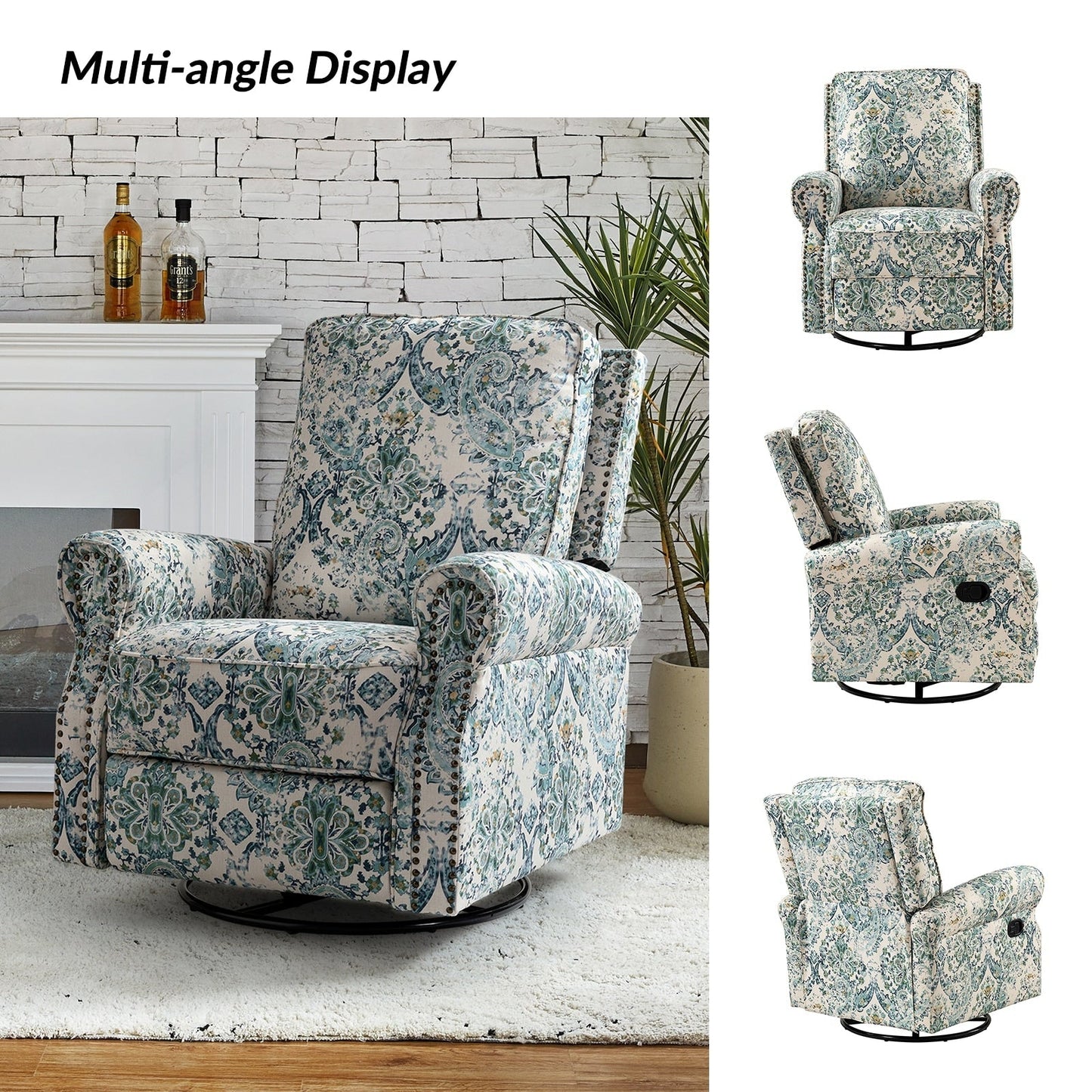Fauteuil inclinable pivotant à bascule et à imprimé floral Roderich Farmhouse avec accoudoirs roulés par HULALA HOME