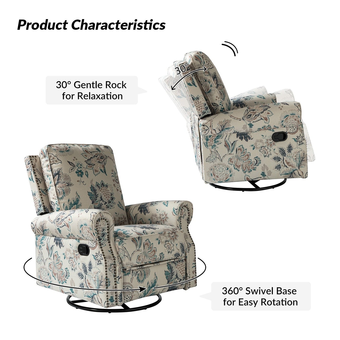 Fauteuil inclinable pivotant à bascule et à imprimé floral Roderich Farmhouse avec accoudoirs roulés par HULALA HOME