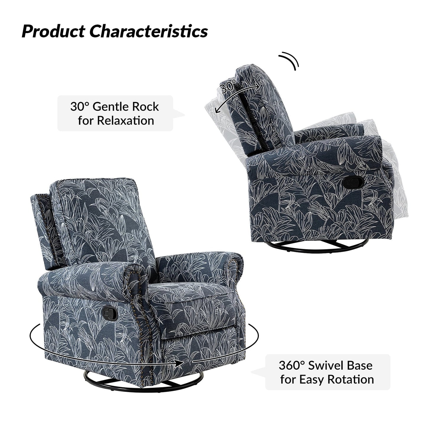 Fauteuil inclinable pivotant à bascule et à imprimé floral Roderich Farmhouse avec accoudoirs roulés par HULALA HOME