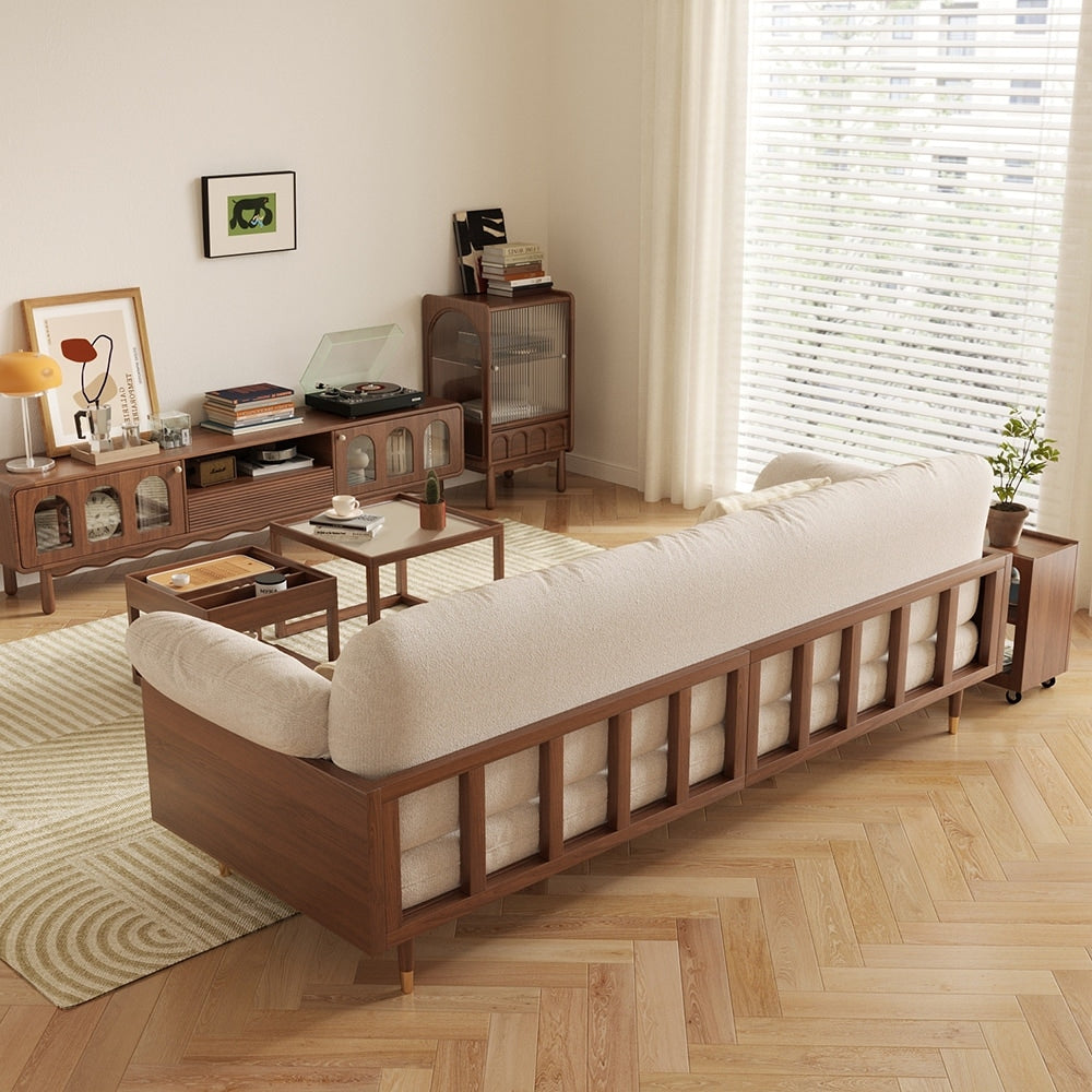 Canapé rectangulaire 3 places Romision en lin beige avec accoudoirs évasés