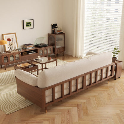 Canapé rectangulaire 3 places Romision en lin beige avec accoudoirs évasés