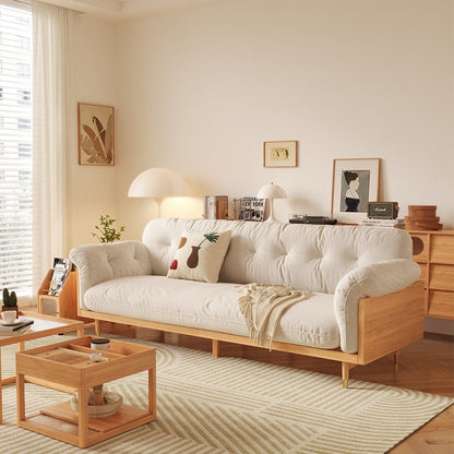 Canapé rectangulaire 3 places Romision en lin beige avec accoudoirs évasés