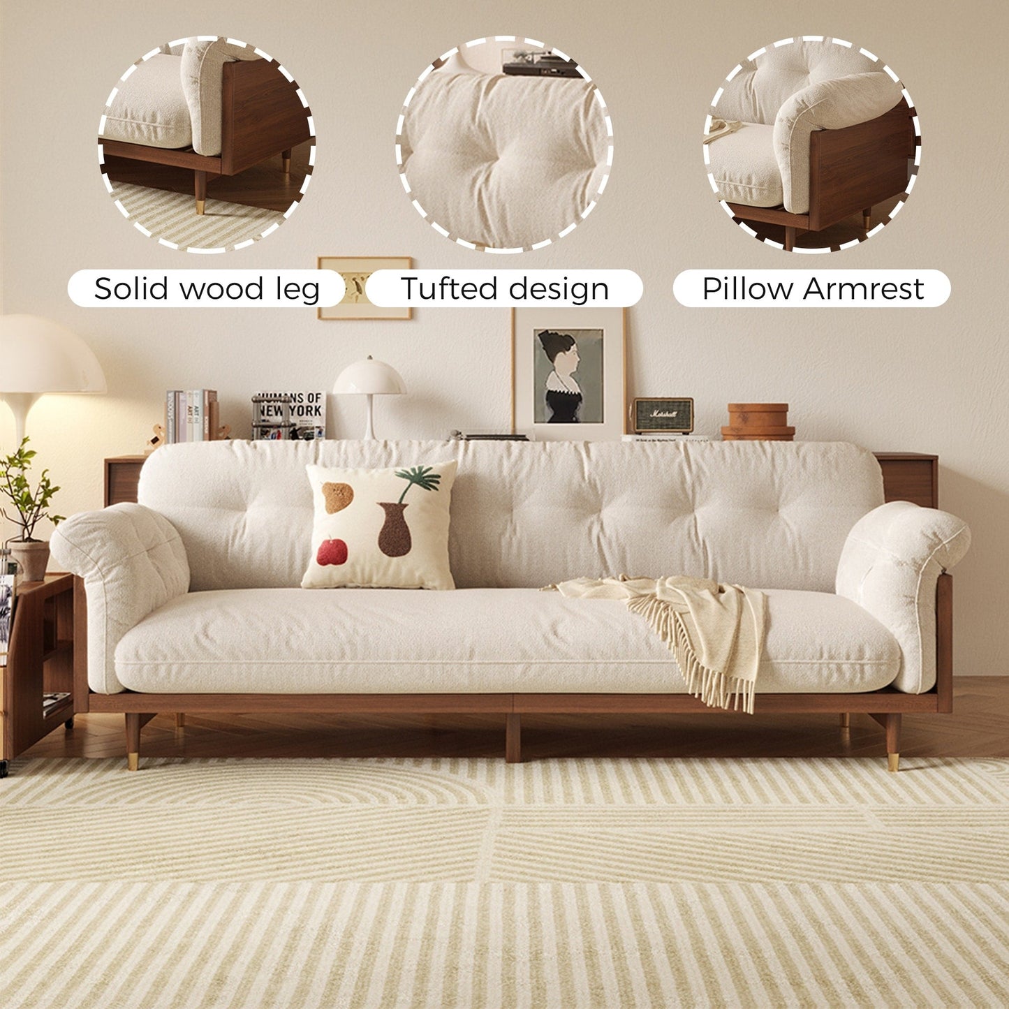 Canapé rectangulaire 3 places Romision en lin beige avec accoudoirs évasés