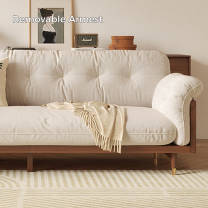 Canapé rectangulaire 3 places Romision en lin beige avec accoudoirs évasés