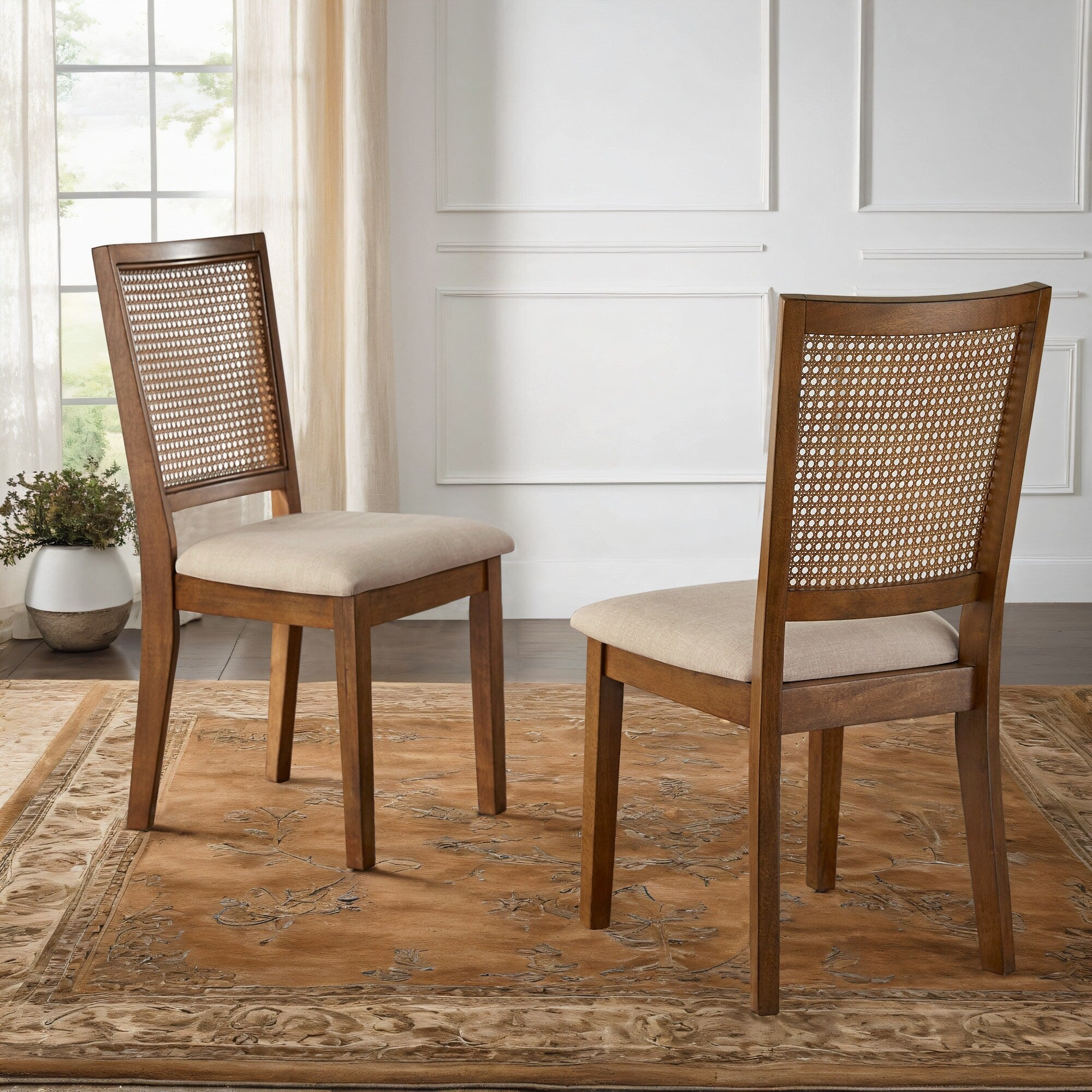 Chaises de salle à manger Ronda beiges avec dossier en rotin et lin (lot de 2)