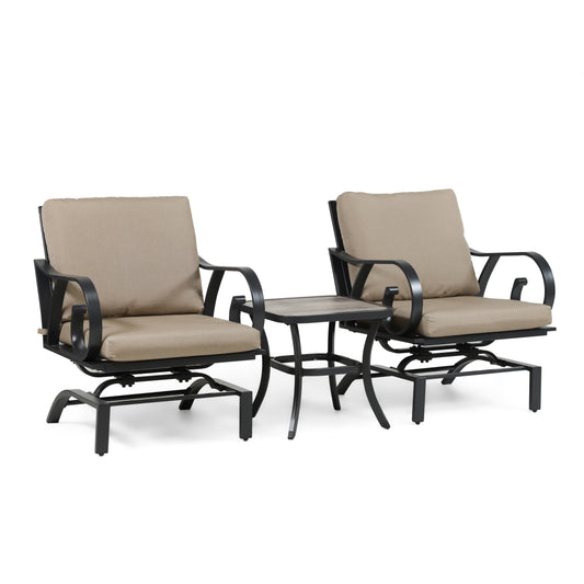 Ensemble de 3 chaises de patio rembourrées en métal marron transitionnel Ronley avec coussin et table