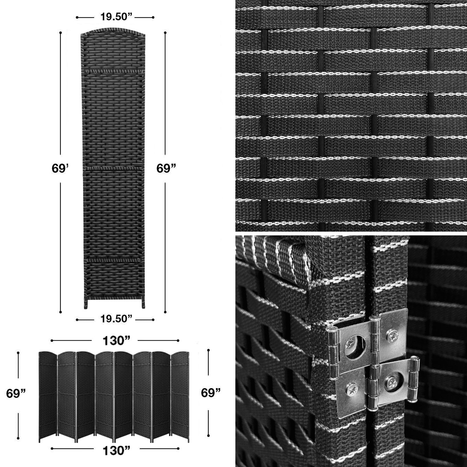 Cloison de séparation pliable et intimité, 8 panneaux, 244 cm (L) x 49,5 cm (l) x 175 cm (H).