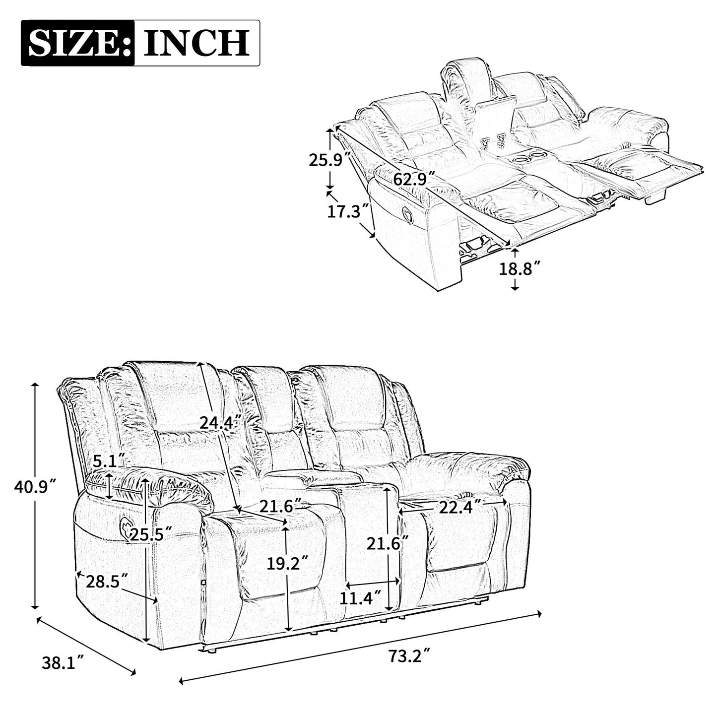 Fauteuil inclinable manuel 2 places pour home cinéma Roomfitters avec coffre de rangement et porte-gobelets, gris