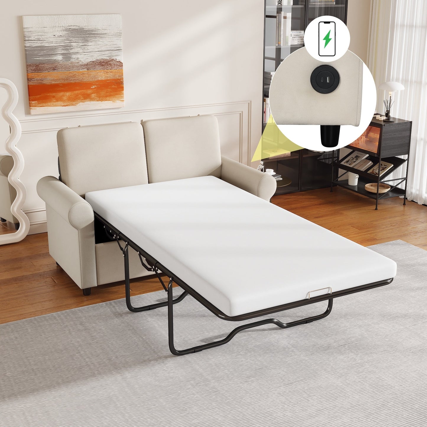 Canapé-lit gigogne 2 en 1 Roomfitters avec surmatelas double haut de gamme, ports USB et design compact pour le salon