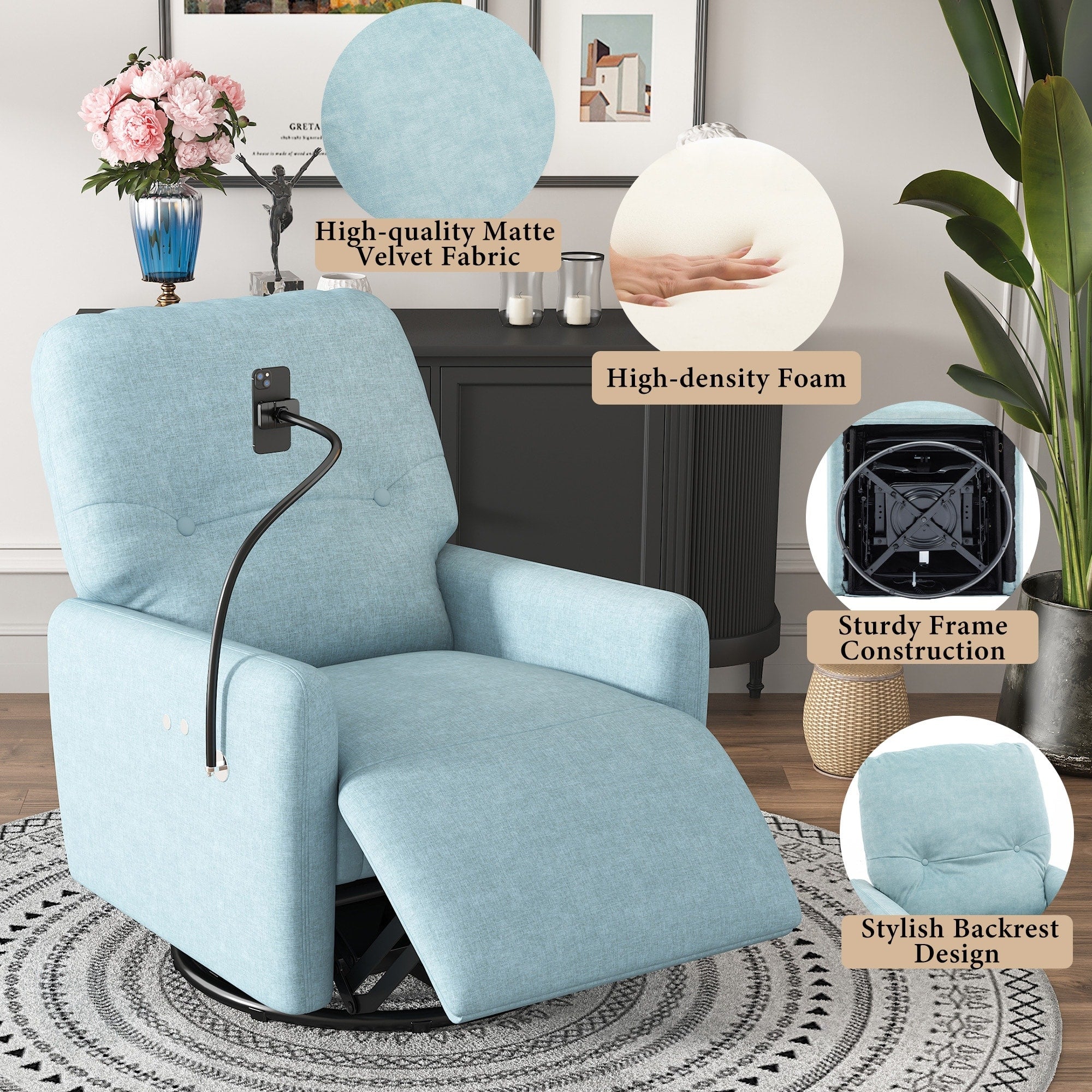 Fauteuil inclinable électrique pivotant à 270 degrés Roomfitters pour cinéma maison, canapé inclinable simple avec mouvement à bascule