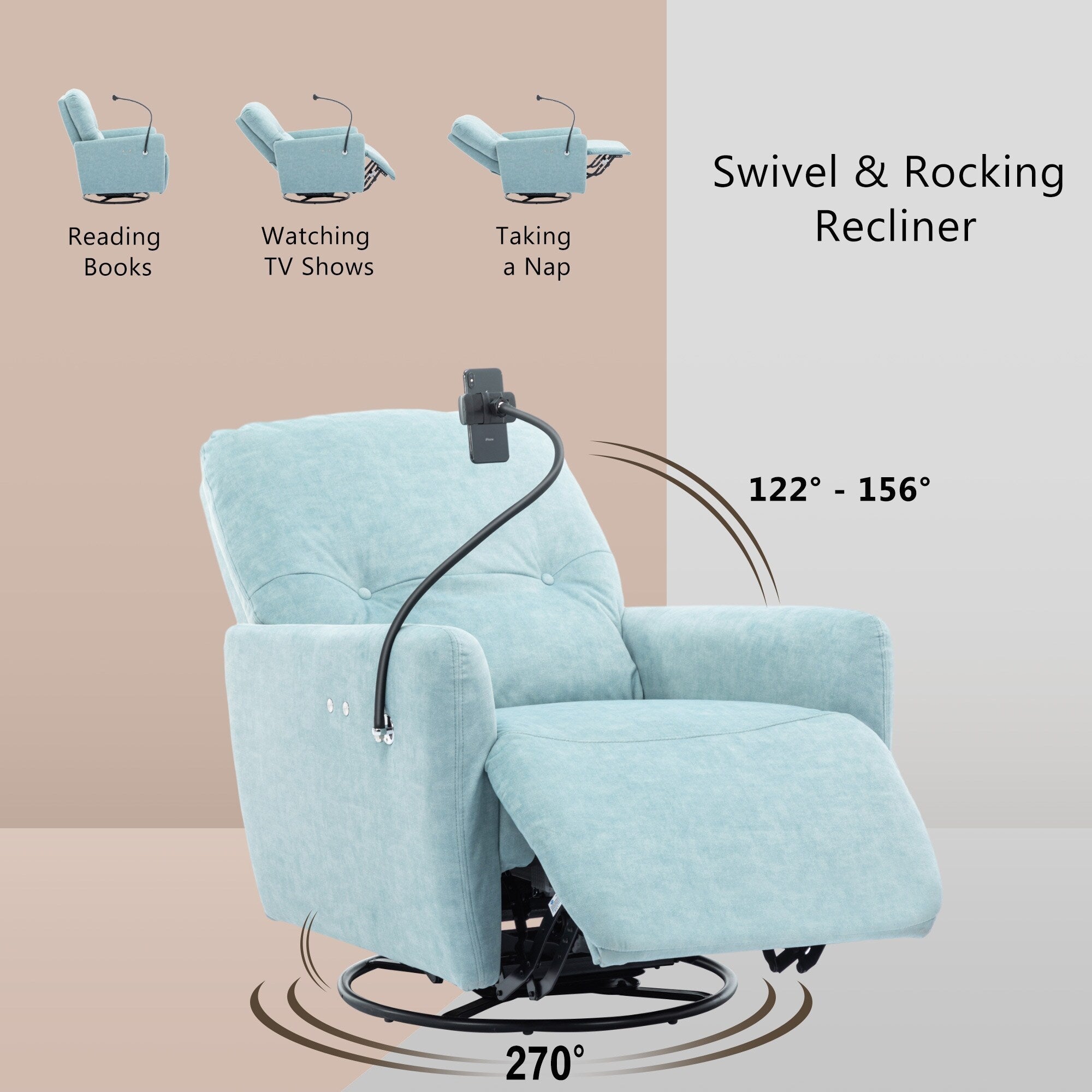 Fauteuil inclinable électrique pivotant à 270 degrés Roomfitters pour cinéma maison, canapé inclinable simple avec mouvement à bascule