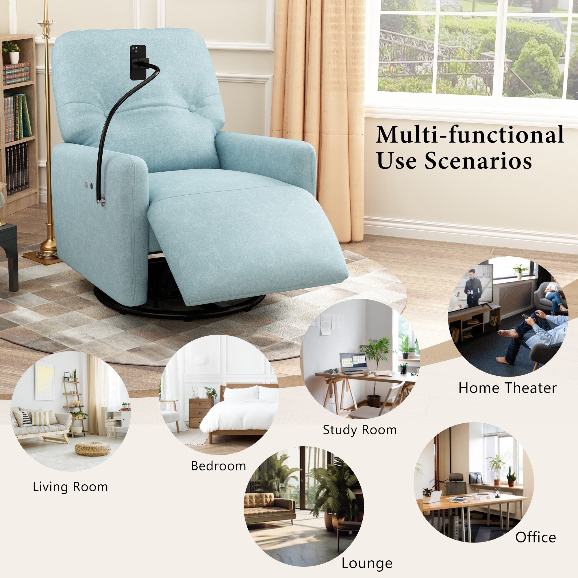 Fauteuil inclinable électrique pivotant à 270 degrés Roomfitters pour cinéma maison, canapé inclinable simple avec mouvement à bascule