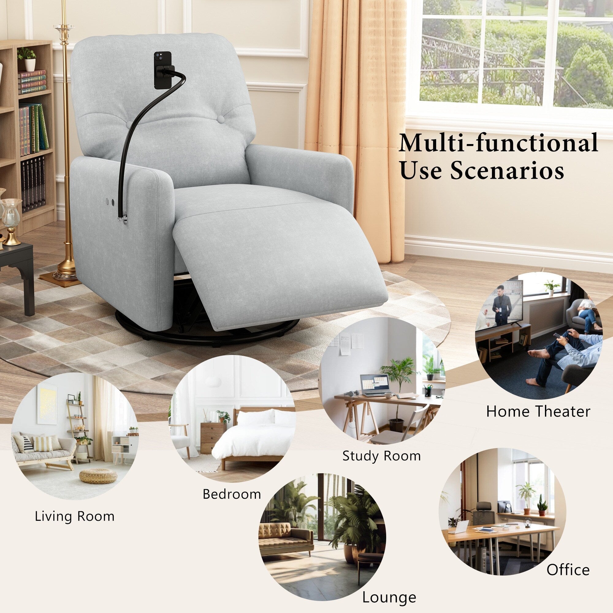 Fauteuil inclinable électrique pivotant à 270 degrés Roomfitters pour cinéma maison, canapé inclinable simple avec mouvement à bascule