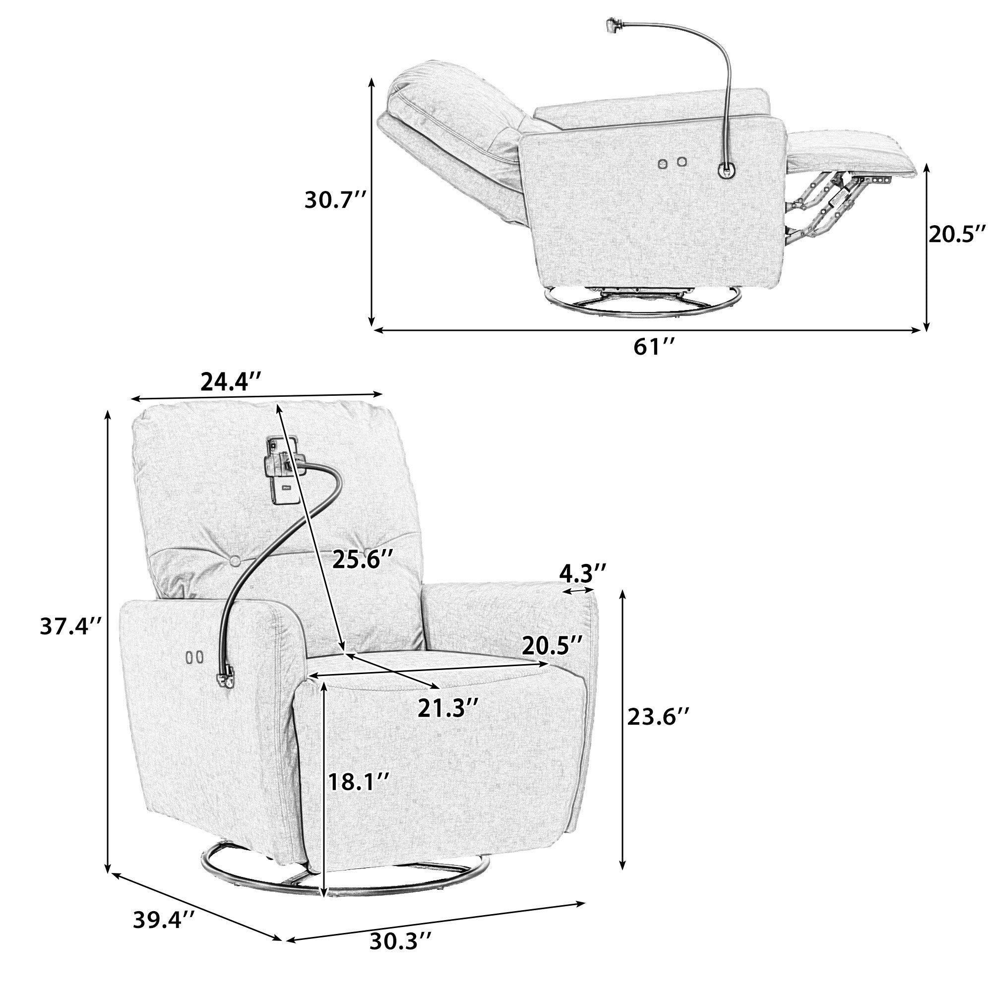 Fauteuil inclinable électrique pivotant à 270 degrés Roomfitters pour cinéma maison, canapé inclinable simple avec mouvement à bascule