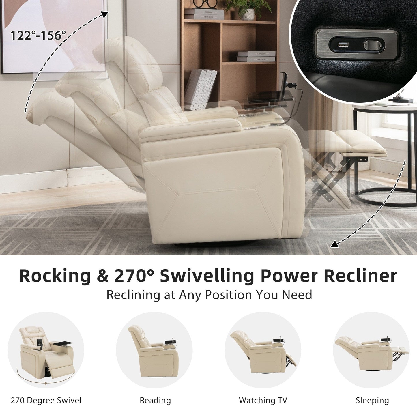 Fauteuil inclinable électrique pivotant à 270° en cuir PU avec support de dossier, tablette, support de téléphone, port USB et rangement dissimulé pour les accoudoirs.