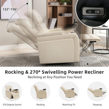 Fauteuil inclinable électrique pivotant à 270° en cuir PU avec support de dossier, tablette, support de téléphone, port USB et rangement dissimulé pour les accoudoirs.