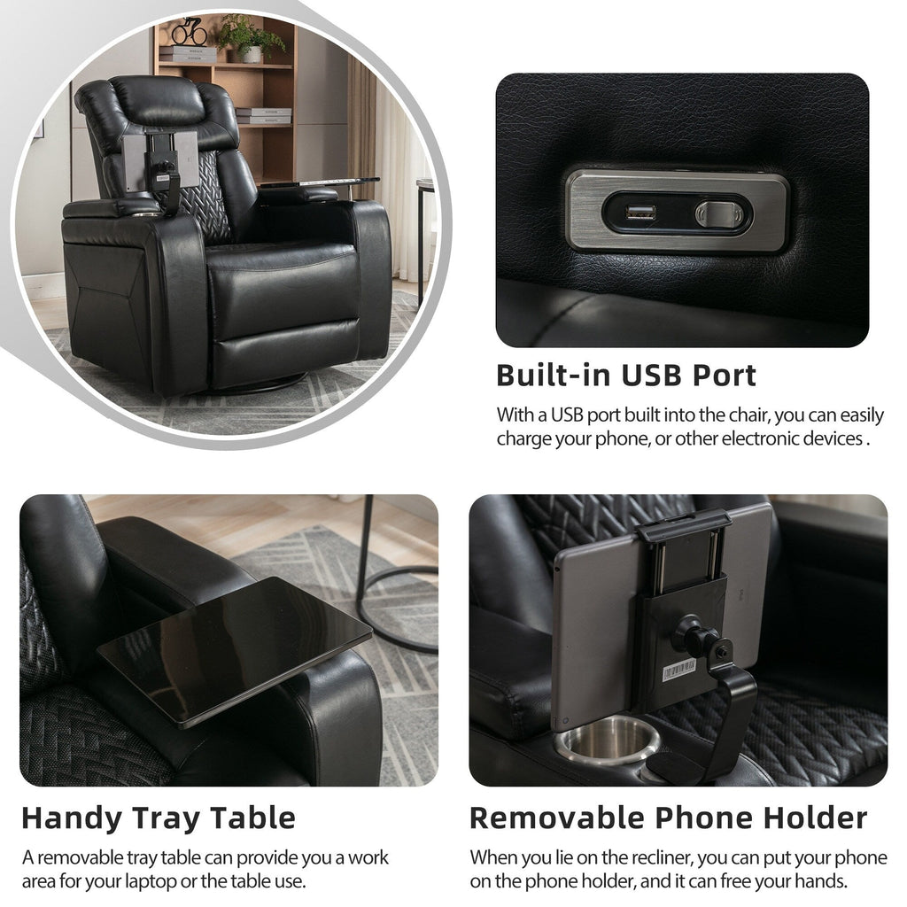 Fauteuil inclinable électrique pivotant à 270° en cuir PU avec support de dossier, tablette, support de téléphone, port USB et rangement dissimulé pour les accoudoirs.
