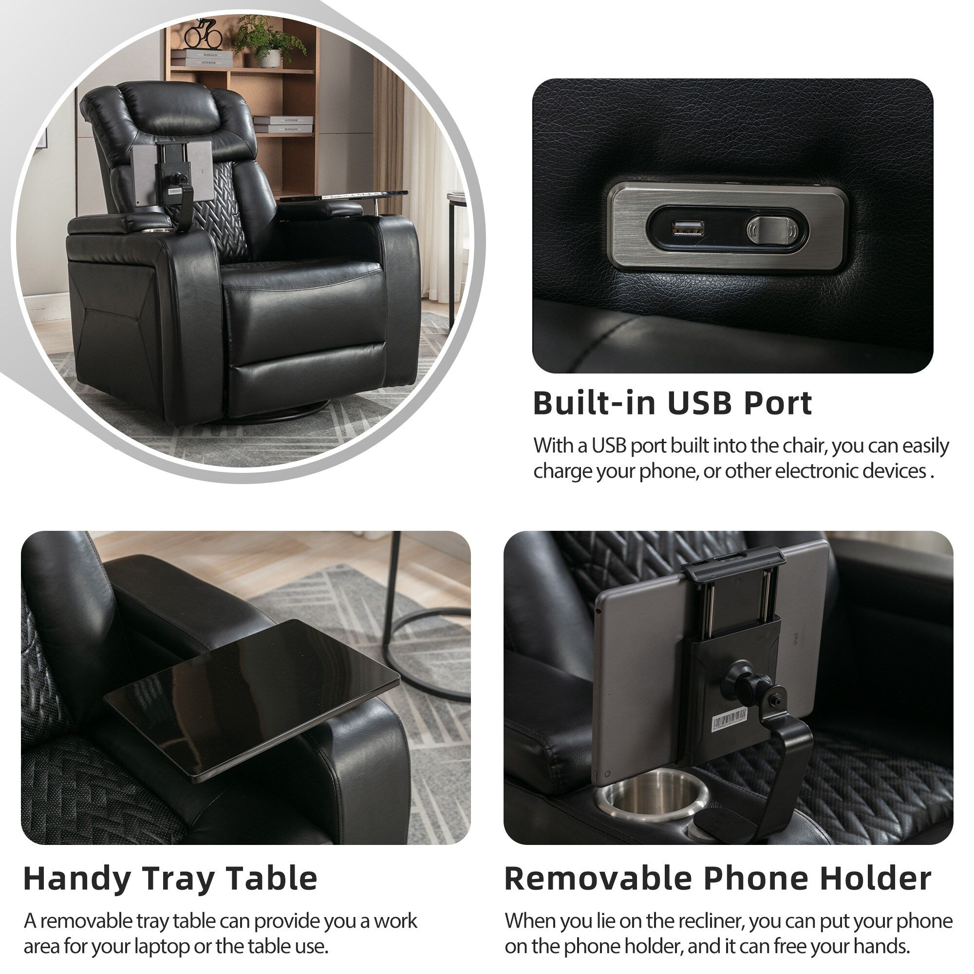 Fauteuil inclinable électrique pivotant à 270° en cuir PU avec support de dossier, tablette, support de téléphone, port USB et rangement dissimulé pour les accoudoirs.