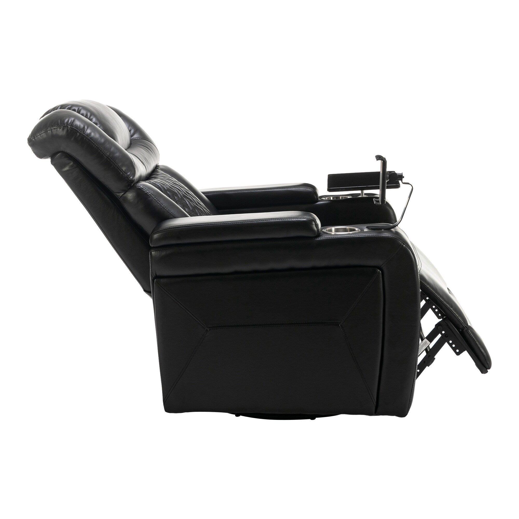 Fauteuil inclinable électrique pivotant à 270° en cuir PU avec support de dossier, tablette, support de téléphone, port USB et rangement dissimulé pour les accoudoirs.