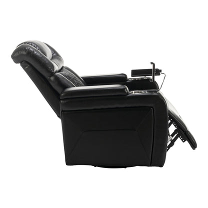 Fauteuil inclinable électrique pivotant à 270° en cuir PU avec support de dossier, tablette, support de téléphone, port USB et rangement dissimulé pour les accoudoirs.