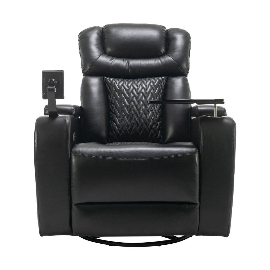 Fauteuil inclinable électrique pivotant à 270° en cuir PU avec support de dossier, tablette, support de téléphone, port USB et rangement dissimulé pour les accoudoirs.
