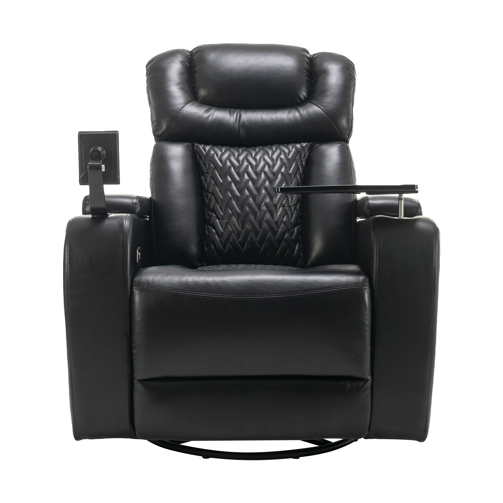 Fauteuil inclinable électrique pivotant à 270° en cuir PU avec support de dossier, tablette, support de téléphone, port USB et rangement dissimulé pour les accoudoirs.
