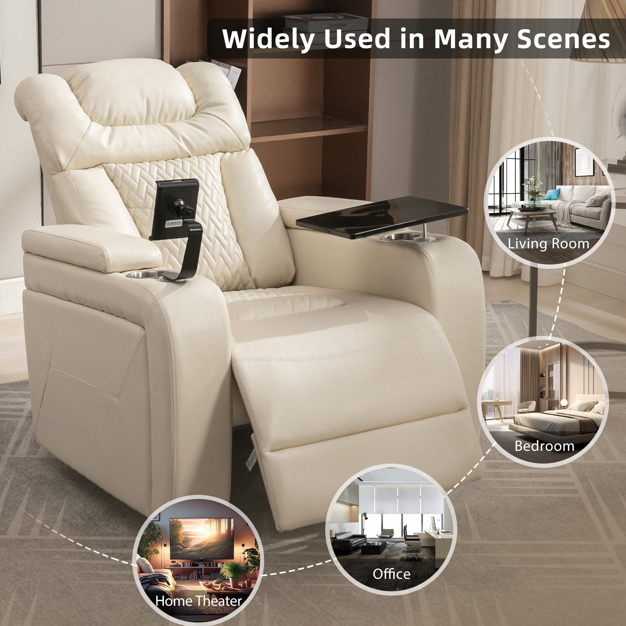Fauteuil inclinable électrique pivotant à 270° en cuir PU avec support de dossier, tablette, support de téléphone, port USB et rangement dissimulé pour les accoudoirs.