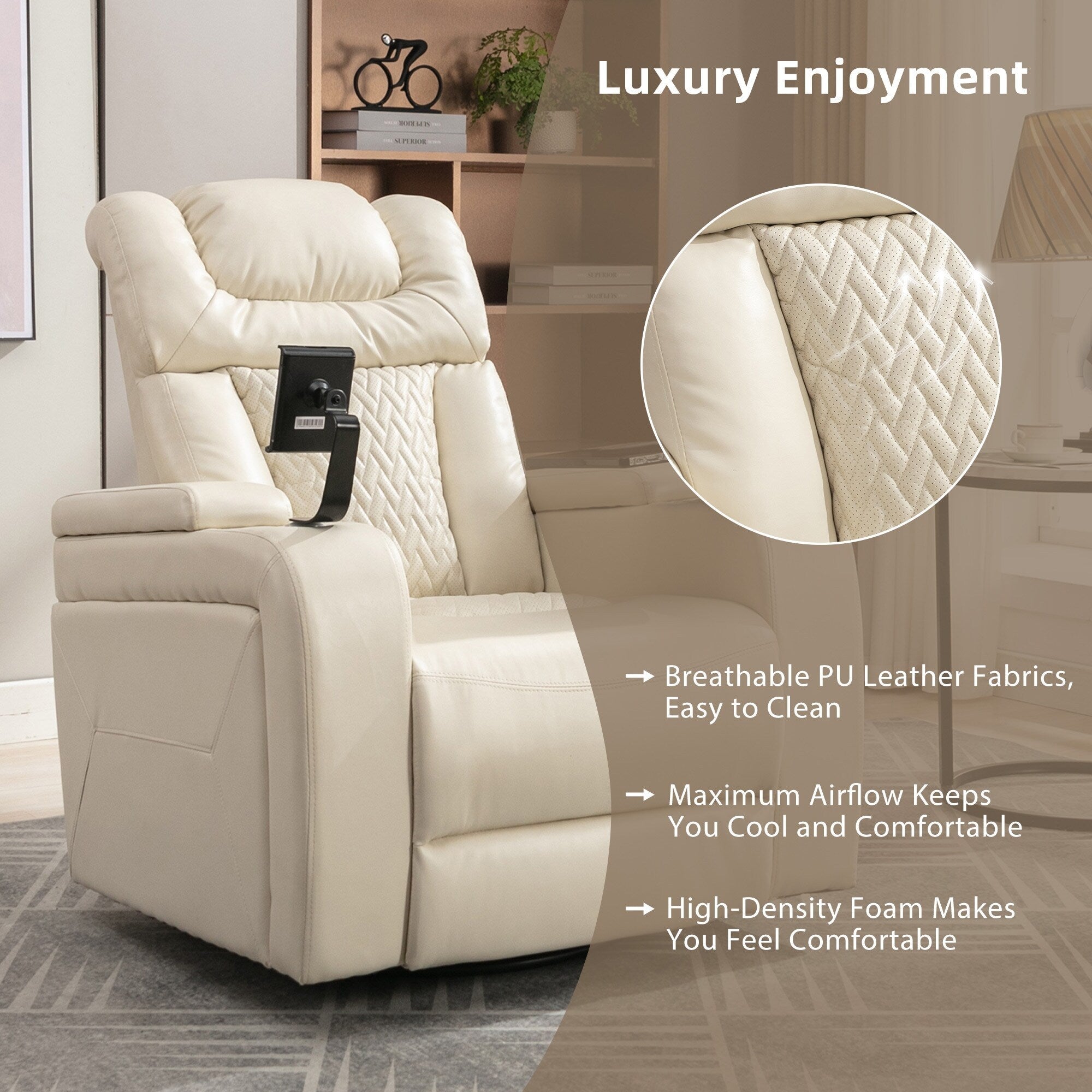 Fauteuil inclinable électrique pivotant à 270° en cuir PU avec support de dossier, tablette, support de téléphone, port USB et rangement dissimulé pour les accoudoirs.